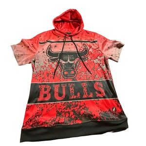 FISLL NBA Chicago Bulls Mens Red Black Splatter Short Sleeve Hoodie M Retro 90s